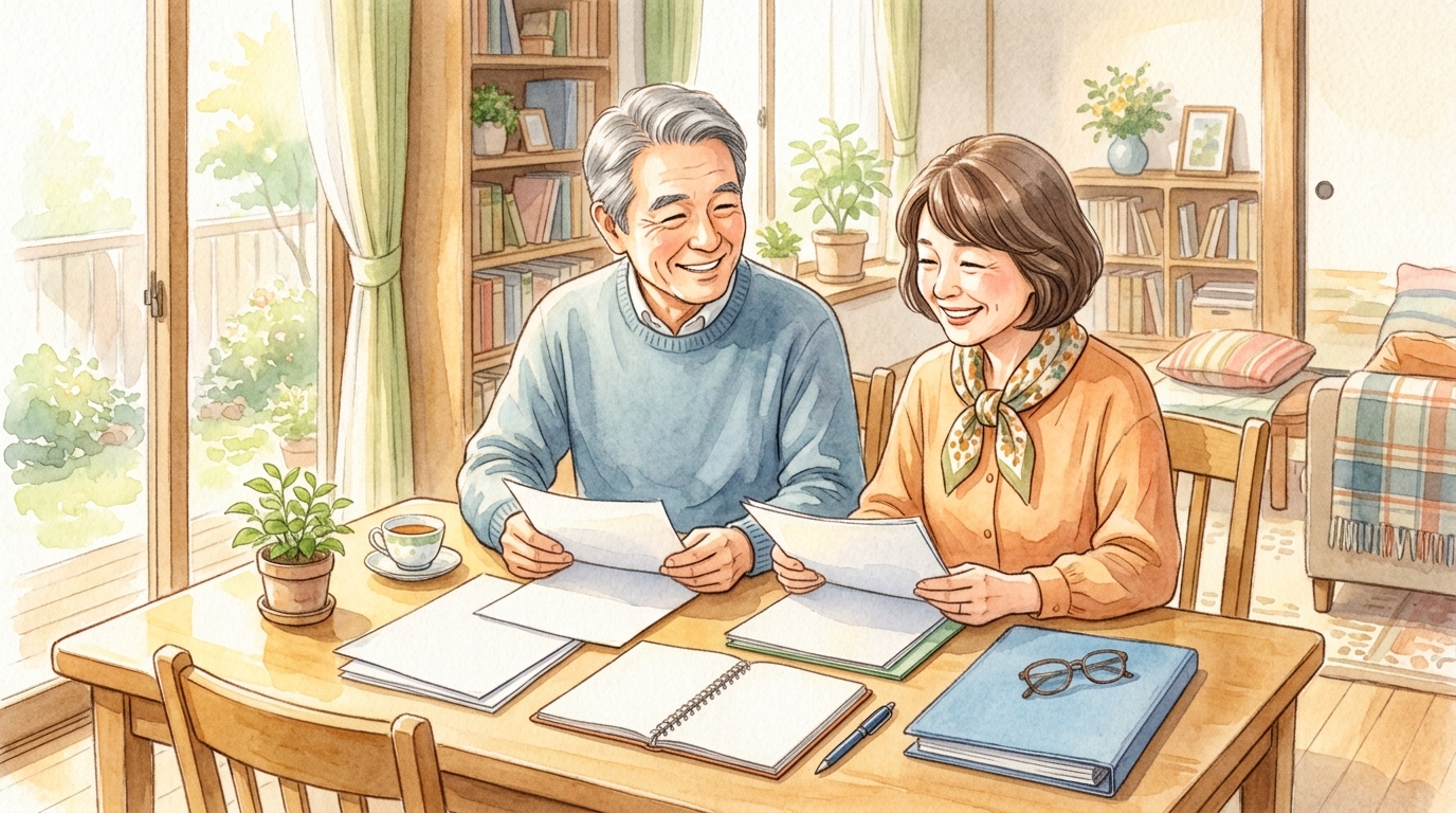 夫婦で終活の書類を見ながら成年後見制度の準備を話し合う様子