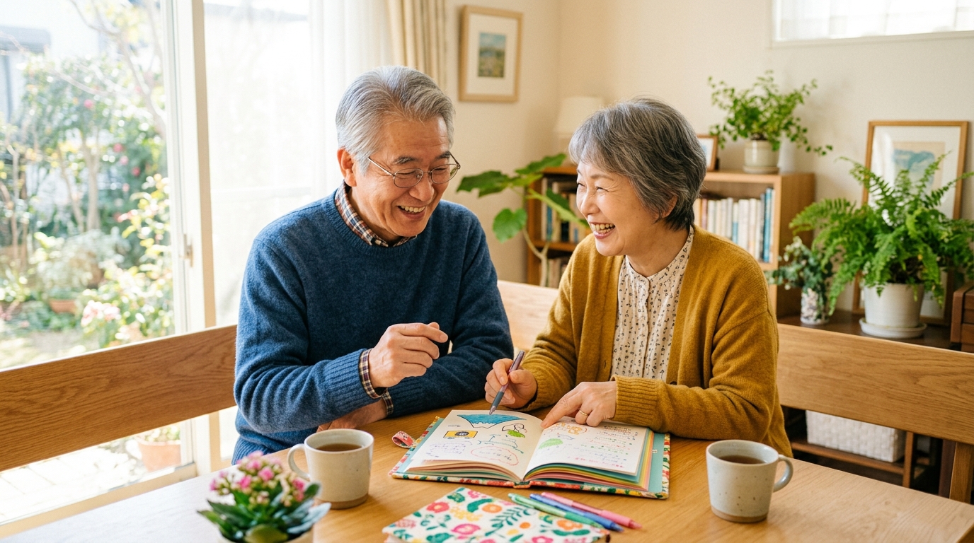 夫婦で終活ノートを見ながら笑顔で話し合う様子
