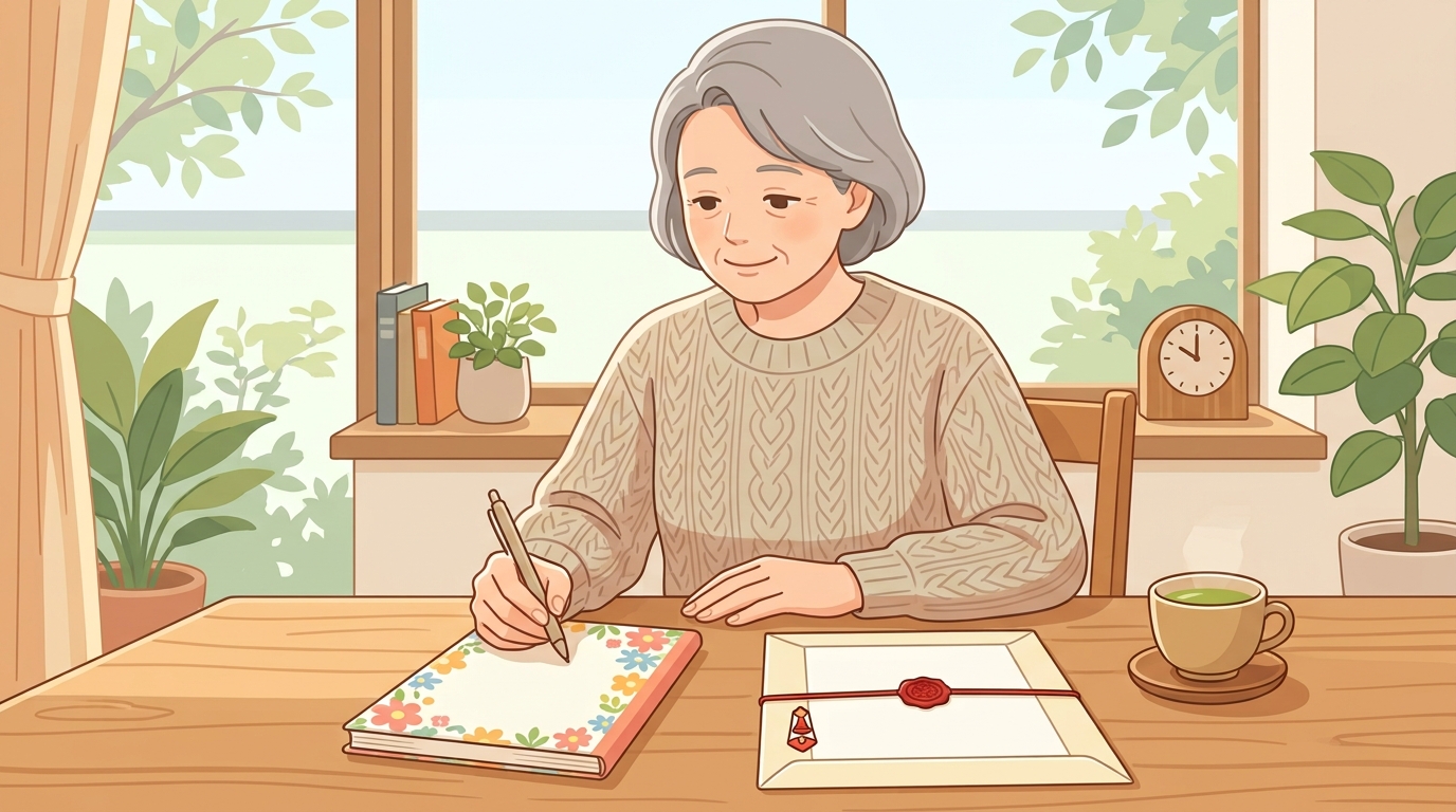 エンディングノートに書き込み、遺言書を並べて終活を進める女性