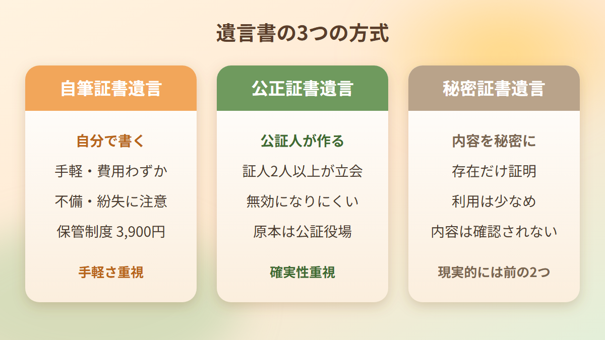 自筆証書遺言・公正証書遺言・秘密証書遺言の特徴を比べた図解