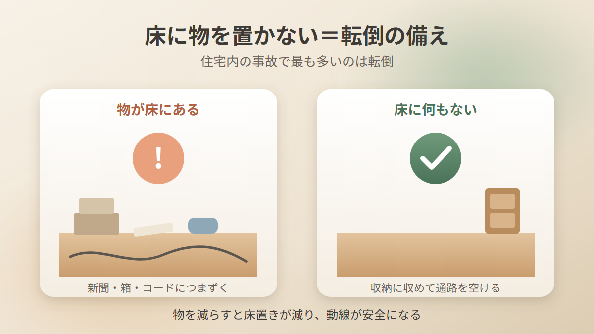 床に物がある部屋と床に何もない部屋を比べ、床に物を置かないことが転倒の備えになることを示した図