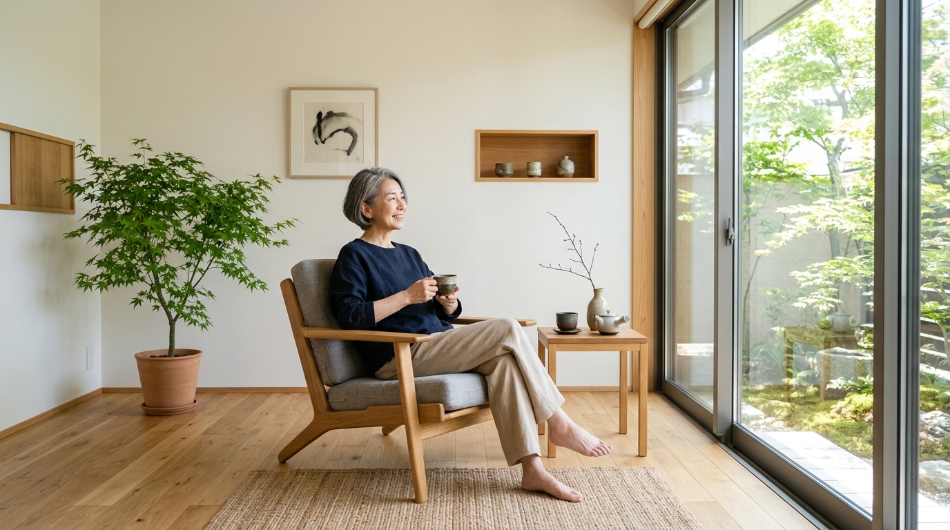 物を減らした明るい部屋で、椅子に座ってお茶を飲む50代の女性