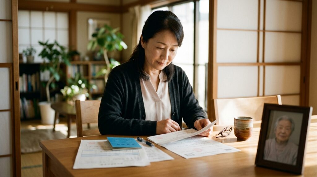 親の死後の手続きで年金の書類を確認する女性