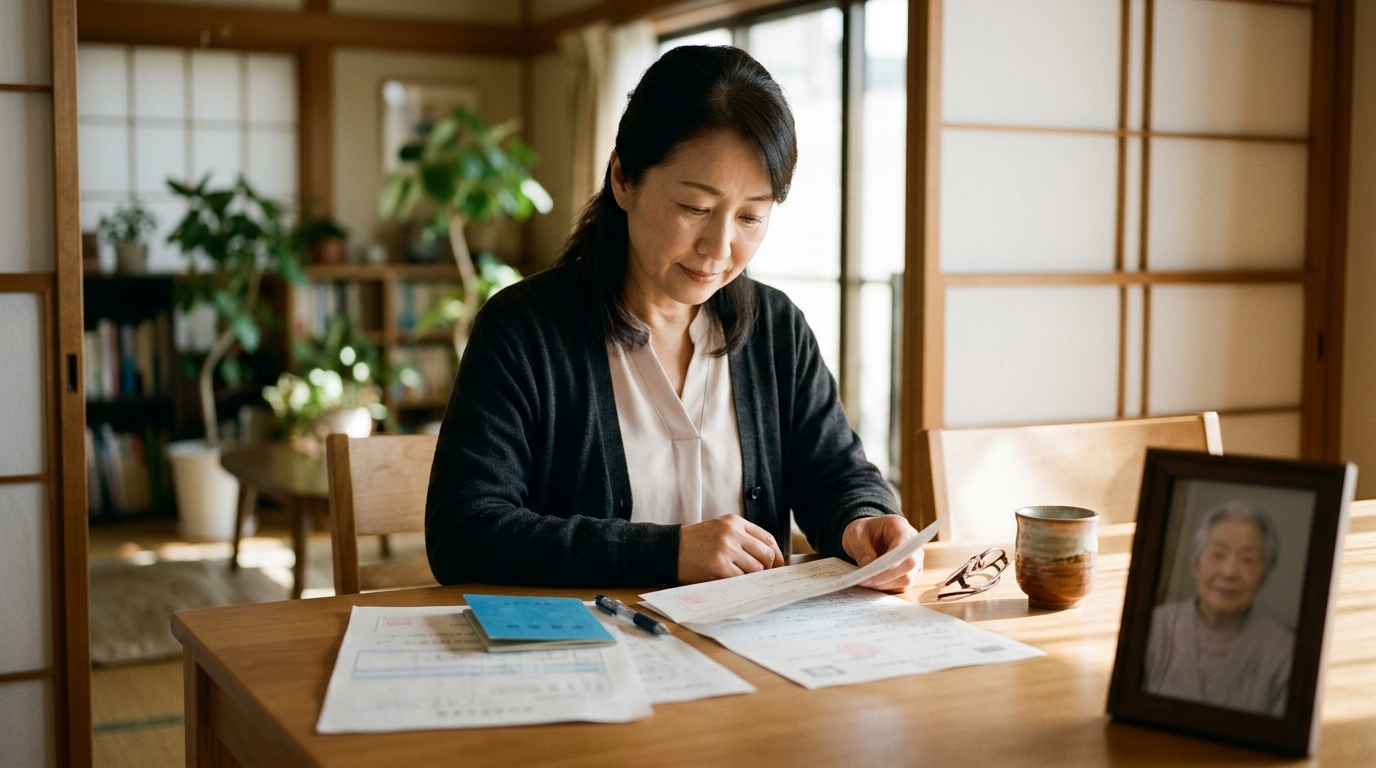 親の死後の手続きで年金の書類を確認する女性