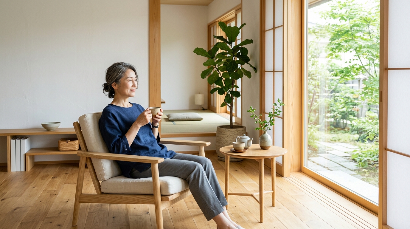 自宅の椅子でお茶を飲みながら一息つく女性