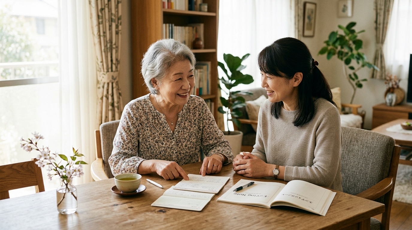 親子でエンディングノートを見ながら話し合う様子