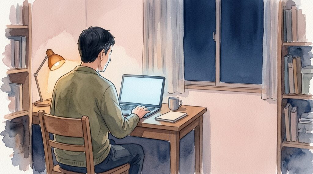 夕方の書斎でノートパソコンに向かう50代の男性の後ろ姿（水彩画風のイラスト）