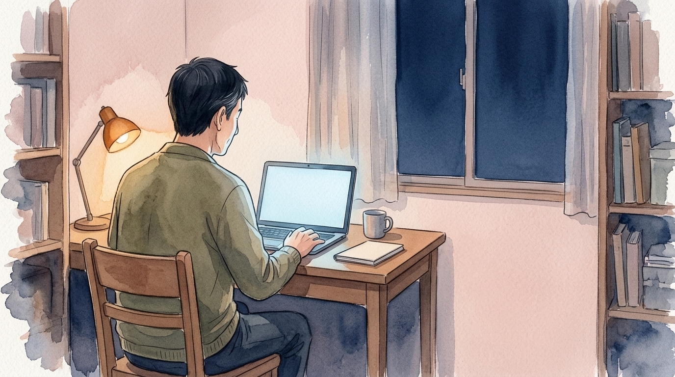夕方の書斎でノートパソコンに向かう50代の男性の後ろ姿（水彩画風のイラスト）