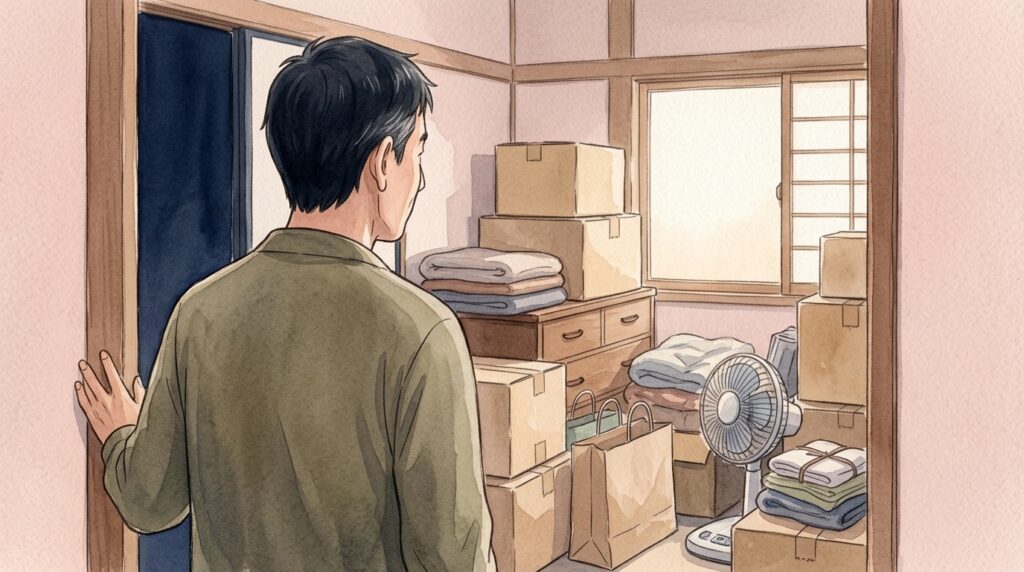帰省した実家で、段ボールや荷物が積まれた部屋を見つめる50代の男性の後ろ姿（水彩画風のイラスト）