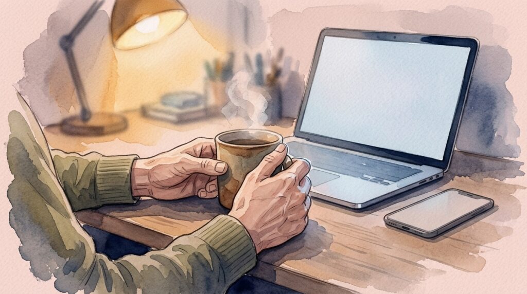 書斎でマグカップを両手で持ち、親への聞き方を考えている手元（水彩画風のイラスト）