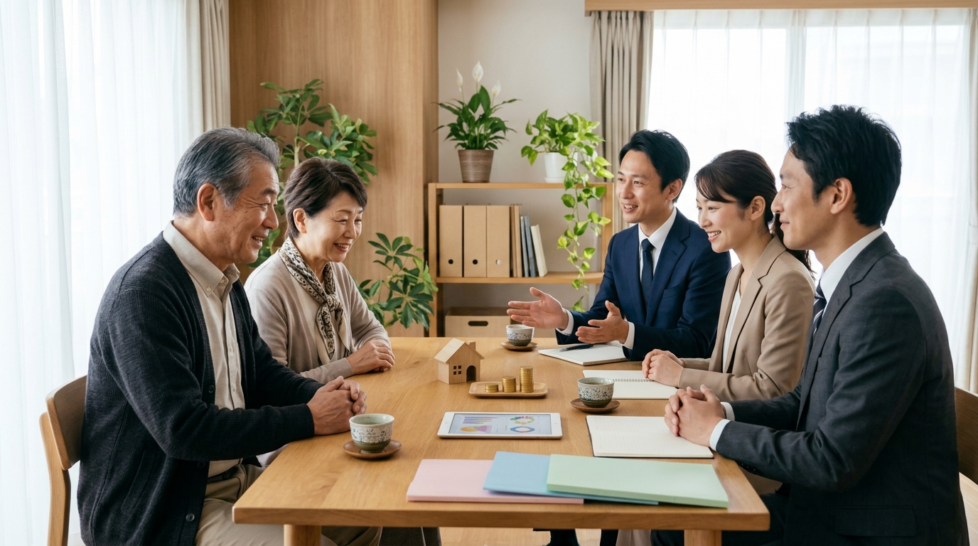 終活の相談先として行政書士・司法書士・FPに夫婦で相談する様子