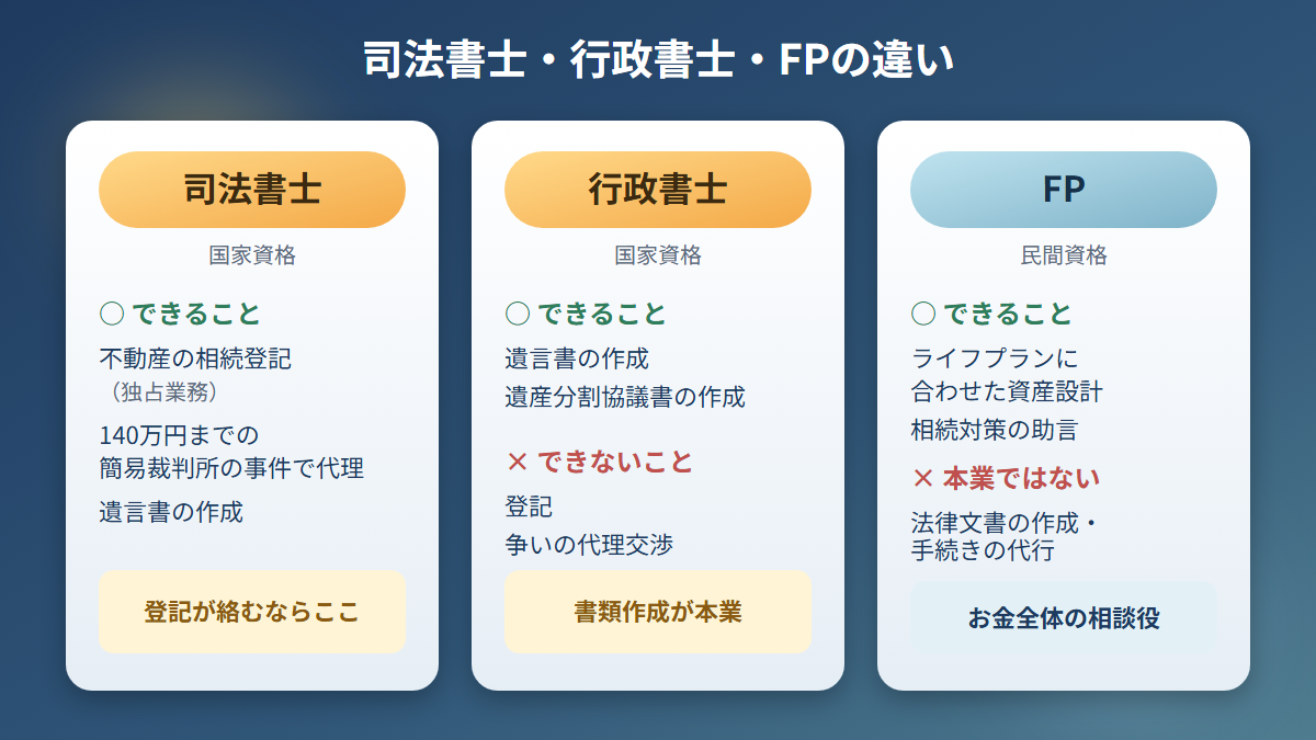 司法書士・行政書士・FPの違い（できること・できないこと）